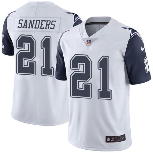 Nike Cowboys #21 Deion Sanders White Men's Stitched NFL Limited Rush Jersey - Click Image to Close